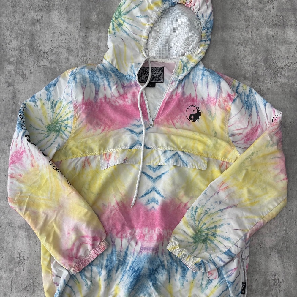 Vintage Men’s 1/4 Zip Nylon Tie-Dye Hoodie Windbreaker Jacket XL 90s Y2K